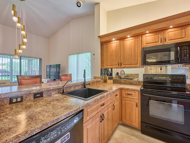 10828 Lake Palm Ln Unit 202, Boynton Beach, FL 33437 - kitchen with black appliances, high vaulted ceiling, light tile patterned flooring, decorative light fixtures, and light stone counters