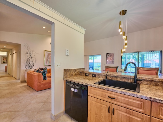 10828 Lake Palm Ln Unit 202, Boynton Beach, FL 33437 - kitchen featuring black dishwasher, light tile patterned floors, open floor plan, and decorative light fixtures