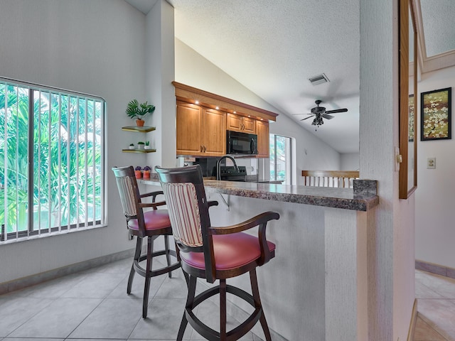 10828 Lake Palm Ln Unit 202, Boynton Beach, FL 33437 - kitchen with black microwave, lofted ceiling, ceiling fan, brown cabinetry, and light tile patterned floors