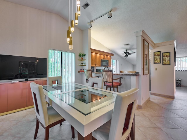 10828 Lake Palm Ln Unit 202, Boynton Beach, FL 33437 - dining area featuring vaulted ceiling, a ceiling fan, and light tile patterned floors