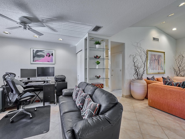 10828 Lake Palm Ln Unit 202, Boynton Beach, FL 33437 - home office featuring tile patterned floors, ceiling fan, lofted ceiling, and recessed lighting
