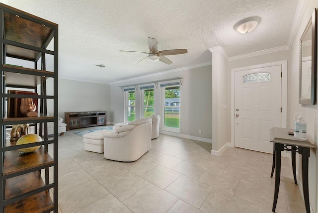 1546 35th Ave, Vero Beach, FL 32960 - living area with a ceiling fan, a textured ceiling, crown molding, and light tile patterned floors