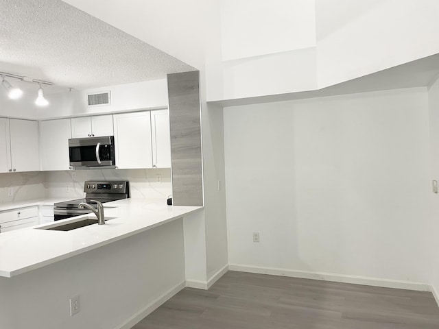 7832 Sonoma Springs Cir Unit 203, Lake Worth, FL 33463 - kitchen with stainless steel appliances, light wood-style floors, track lighting, light countertops, and a textured ceiling