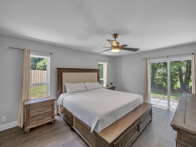 17516 Birchwood Dr, Boca Raton, FL 33487 - bedroom featuring access to exterior, dark wood-type flooring, and ceiling fan
