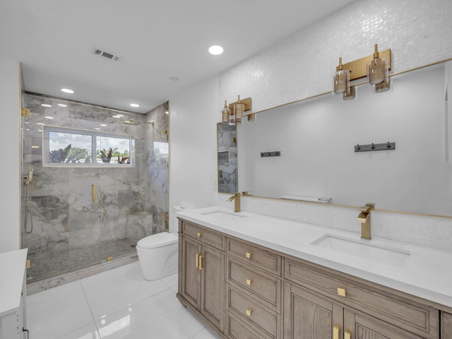 17516 Birchwood Dr, Boca Raton, FL 33487 - bathroom with double vanity, a marble finish shower, and recessed lighting