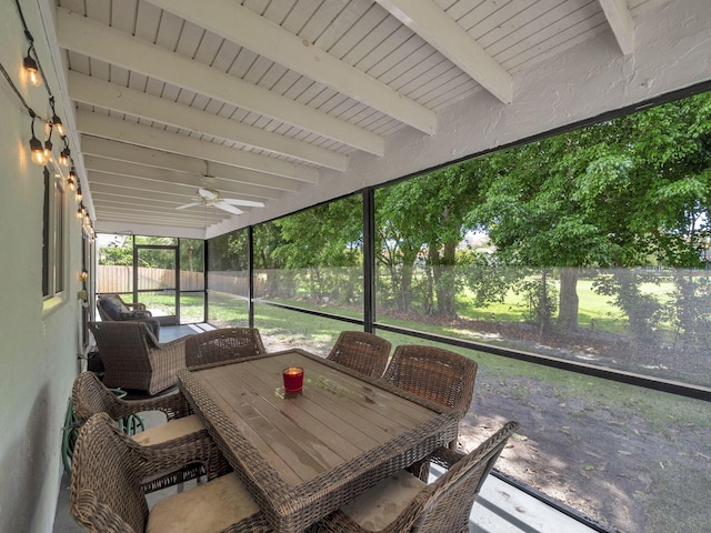 17516 Birchwood Dr, Boca Raton, FL 33487 - sunroom featuring a ceiling fan, beam ceiling, and outdoor dining area