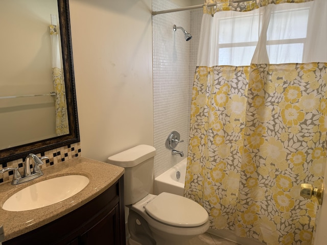 64 Waterford C, Delray Beach, FL 33446 - full bathroom featuring backsplash, shower / bath combination with curtain, and vanity