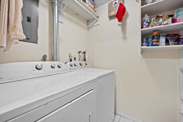 19309 Carolina Cir, Boca Raton, FL 33434 - laundry room with electric panel, washing machine and clothes dryer, and tile patterned flooring