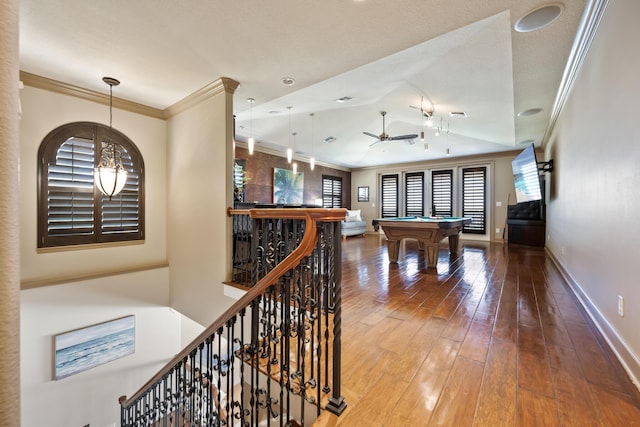 671 Indian River Dr, Melbourne, FL 32935 - game room featuring ornamental molding, billiards table, hardwood / wood-style flooring, a ceiling fan, and recessed lighting