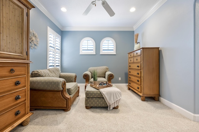 671 Indian River Dr, Melbourne, FL 32935 - sitting room with a ceiling fan, crown molding, light carpet, and recessed lighting