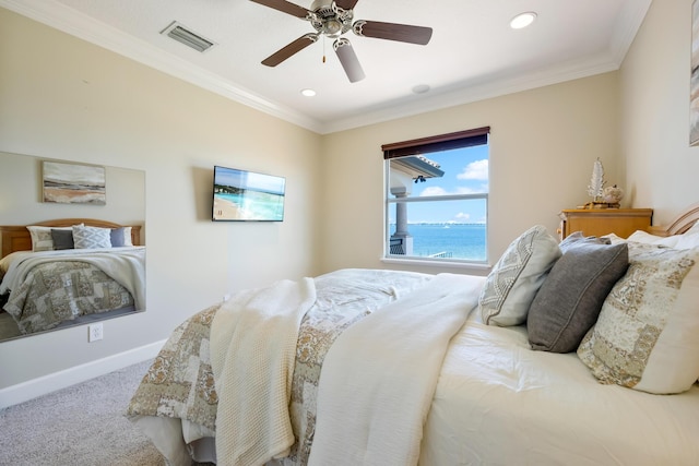 671 Indian River Dr, Melbourne, FL 32935 - carpeted bedroom with ornamental molding, recessed lighting, and ceiling fan