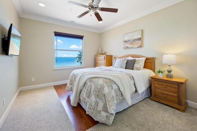 671 Indian River Dr, Melbourne, FL 32935 - bedroom featuring ornamental molding, carpet floors, a ceiling fan, and recessed lighting