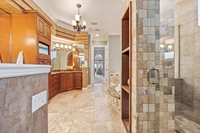 671 Indian River Dr, Melbourne, FL 32935 - bathroom with ornamental molding, a chandelier, vanity, and a shower stall