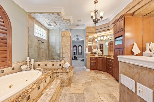 671 Indian River Dr, Melbourne, FL 32935 - full bathroom with a tile shower, a tub with jets, vanity, crown molding, and a chandelier