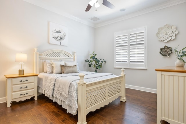 671 Indian River Dr, Melbourne, FL 32935 - bedroom with dark wood-style flooring, crown molding, and ceiling fan