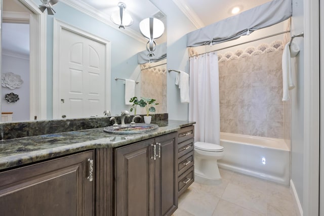 671 Indian River Dr, Melbourne, FL 32935 - full bathroom featuring ornamental molding, vanity, and shower / bathtub combination with curtain
