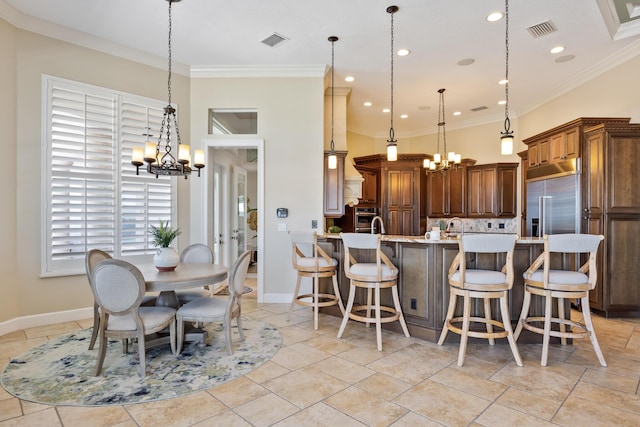 671 Indian River Dr, Melbourne, FL 32935 - dining room featuring a chandelier, ornamental molding, and recessed lighting