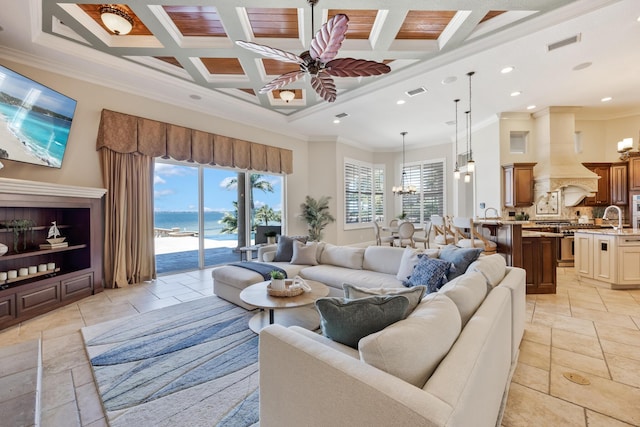 671 Indian River Dr, Melbourne, FL 32935 - living room with a chandelier, crown molding, coffered ceiling, beam ceiling, and stone tile flooring