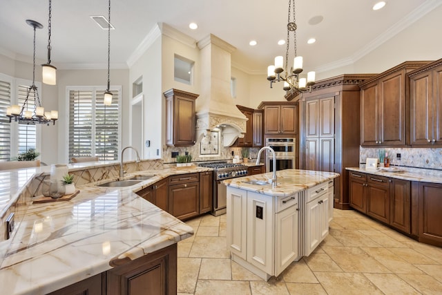 671 Indian River Dr, Melbourne, FL 32935 - kitchen featuring appliances with stainless steel finishes, a chandelier, tasteful backsplash, crown molding, and light stone countertops