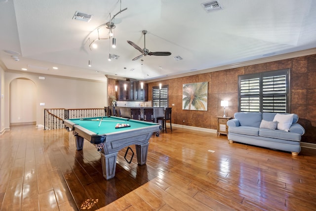 671 Indian River Dr, Melbourne, FL 32935 - rec room with arched walkways, a ceiling fan, billiards table, and light wood finished floors
