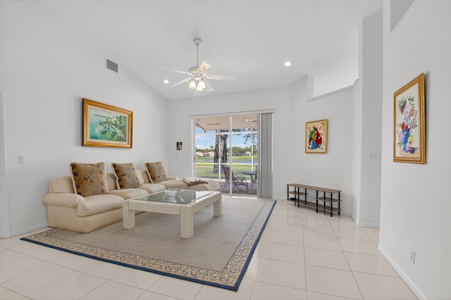 17213 Balboa Point Way, Boca Raton, FL 33487 - living area with ceiling fan, tile patterned floors, vaulted ceiling, and recessed lighting