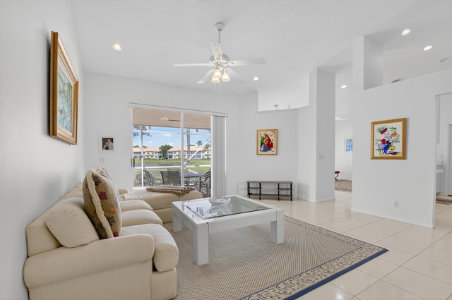 17213 Balboa Point Way, Boca Raton, FL 33487 - living room with a ceiling fan, light tile patterned floors, and recessed lighting