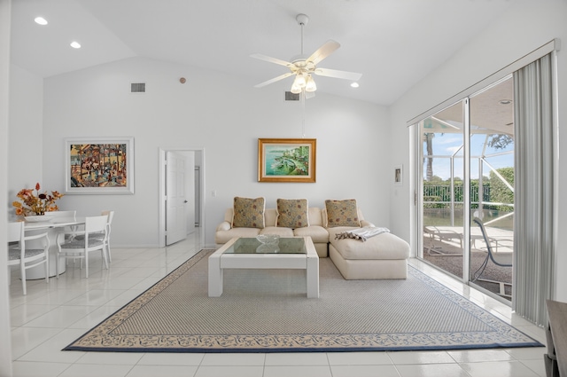 17213 Balboa Point Way, Boca Raton, FL 33487 - living area featuring a ceiling fan, recessed lighting, and high vaulted ceiling