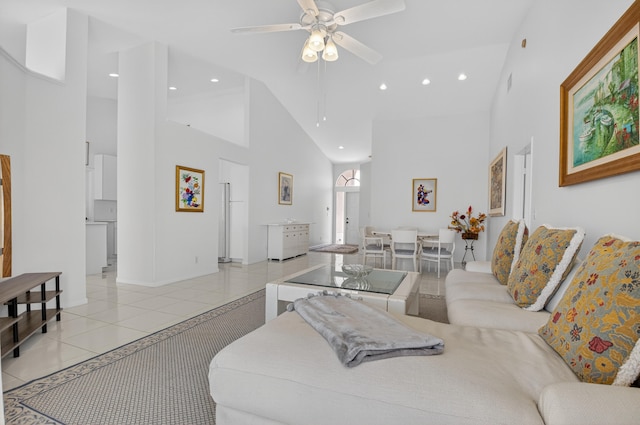 17213 Balboa Point Way, Boca Raton, FL 33487 - living area featuring high vaulted ceiling, light tile patterned flooring, a ceiling fan, and recessed lighting