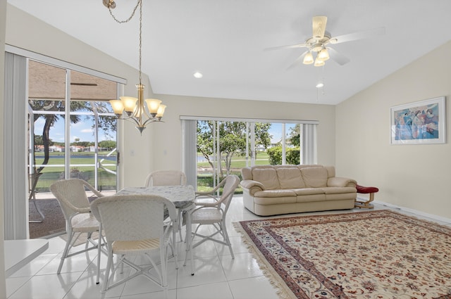 17213 Balboa Point Way, Boca Raton, FL 33487 - dining space with vaulted ceiling, a chandelier, recessed lighting, ceiling fan, and light tile patterned flooring