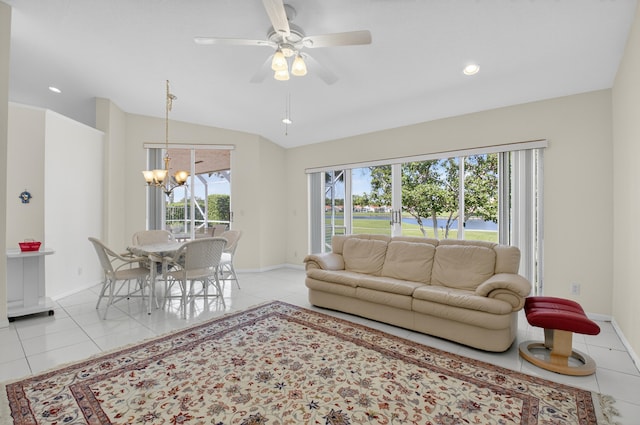 17213 Balboa Point Way, Boca Raton, FL 33487 - living room featuring a chandelier, light tile patterned flooring, lofted ceiling, ceiling fan, and recessed lighting