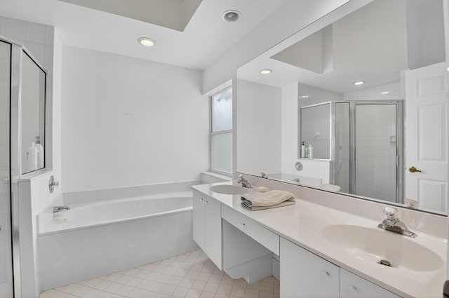 17213 Balboa Point Way, Boca Raton, FL 33487 - bathroom with a garden tub, a shower stall, double vanity, recessed lighting, and tile patterned flooring