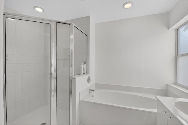 17213 Balboa Point Way, Boca Raton, FL 33487 - full bath featuring a bath, a shower stall, vanity, and recessed lighting