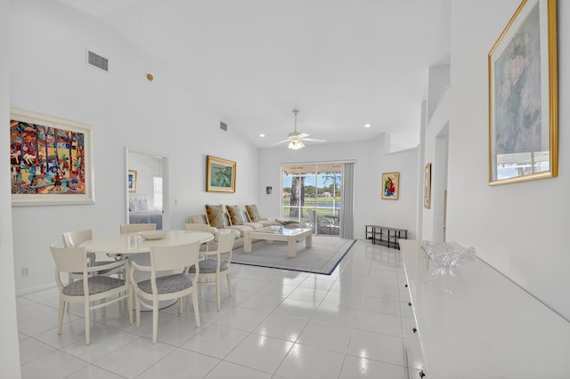 17213 Balboa Point Way, Boca Raton, FL 33487 - dining room featuring a ceiling fan, light tile patterned floors, high vaulted ceiling, and recessed lighting