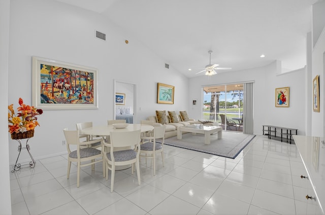 17213 Balboa Point Way, Boca Raton, FL 33487 - dining area with a ceiling fan, recessed lighting, light tile patterned flooring, and high vaulted ceiling