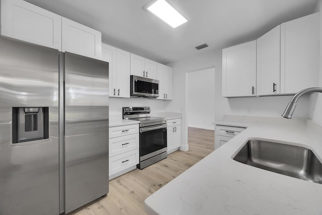 2432 SE Floresta Dr, Port Saint Lucie, FL 34984 - kitchen featuring appliances with stainless steel finishes, light wood finished floors, light stone counters, and white cabinetry