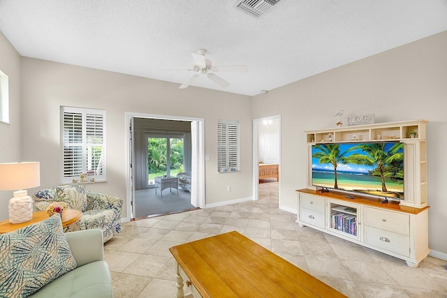 420 Hawthorne Ln, Vero Beach, FL 32962 - living room featuring a ceiling fan, light tile patterned floors, and a textured ceiling