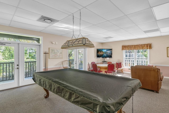 420 Hawthorne Ln, Vero Beach, FL 32962 - recreation room with french doors, carpet, a drop ceiling, and billiards