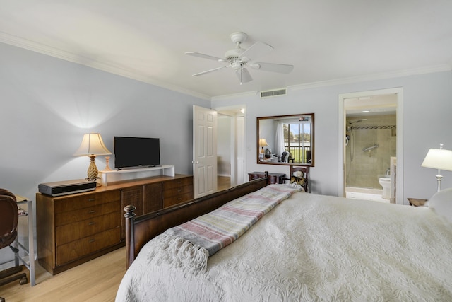300 Intracoastal Pl Unit 204, Jupiter, FL 33469 - bedroom featuring ornamental molding, light wood-type flooring, a ceiling fan, and ensuite bath