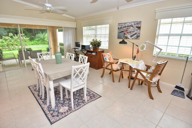 715 SW Balmoral Trce, Stuart, FL 34997 - dining room featuring ceiling fan, ornamental molding, and light tile patterned floors