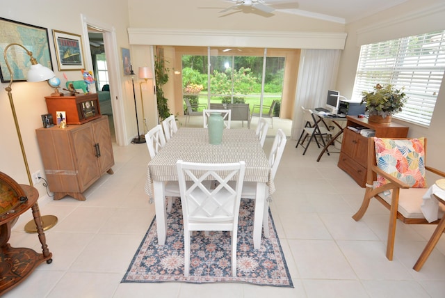 715 SW Balmoral Trce, Stuart, FL 34997 - dining room with ornamental molding, a ceiling fan, and light tile patterned flooring