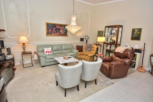 715 SW Balmoral Trce, Stuart, FL 34997 - living room with ornamental molding, tile patterned floors, and a chandelier