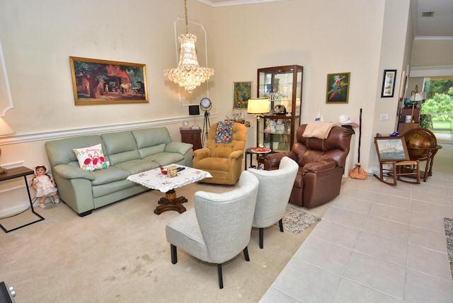 715 SW Balmoral Trce, Stuart, FL 34997 - living area featuring tile patterned floors, a towering ceiling, crown molding, and a chandelier
