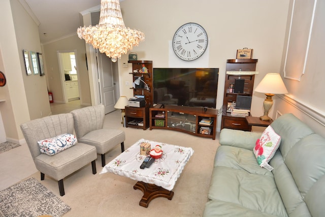 715 SW Balmoral Trce, Stuart, FL 34997 - living area featuring ornamental molding, a chandelier, and lofted ceiling