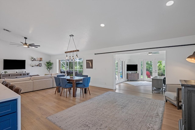 6572 Brookhurst Cir, Lake Worth, FL 33463 - dining space featuring ceiling fan, lofted ceiling, healthy amount of natural light, light wood finished floors, and recessed lighting