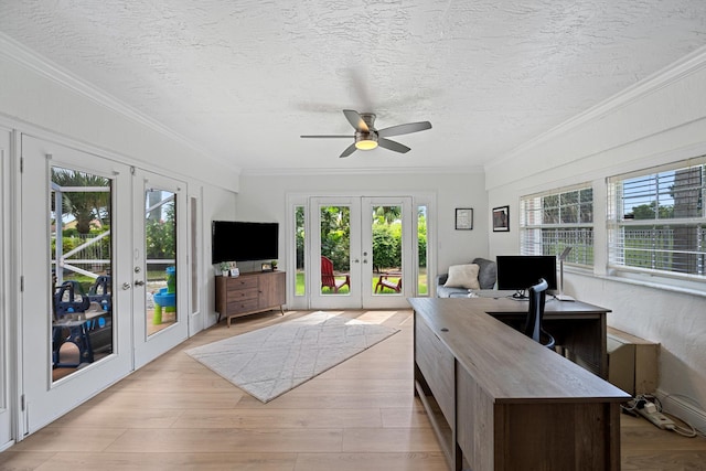6572 Brookhurst Cir, Lake Worth, FL 33463 - office space with french doors, a ceiling fan, ornamental molding, light wood finished floors, and a textured ceiling
