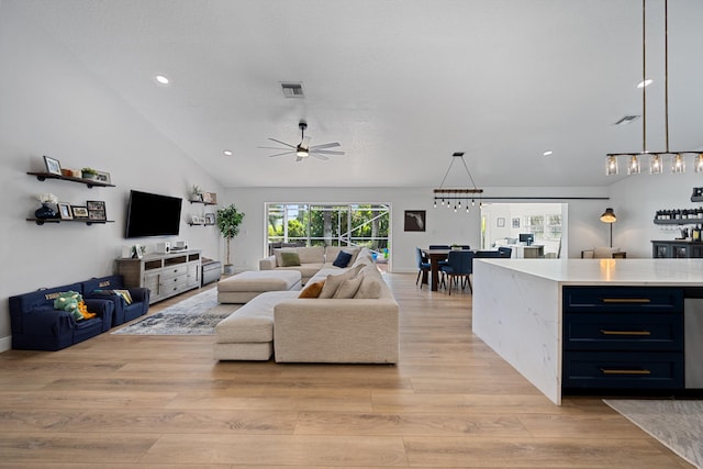 6572 Brookhurst Cir, Lake Worth, FL 33463 - living area with light wood-type flooring, recessed lighting, ceiling fan, and lofted ceiling