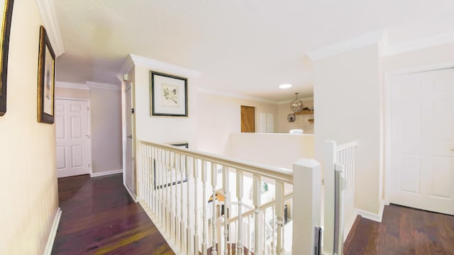 126 Hidden Hollow Dr, Palm Beach Gardens, FL 33418 - hallway featuring an upstairs landing, wood finished floors, crown molding, and recessed lighting