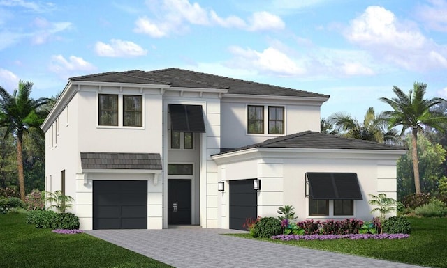 13405 Artisan Cir, Palm Beach Gardens, FL 33418 - view of front of home with an attached garage, stucco siding, decorative driveway, and a front lawn