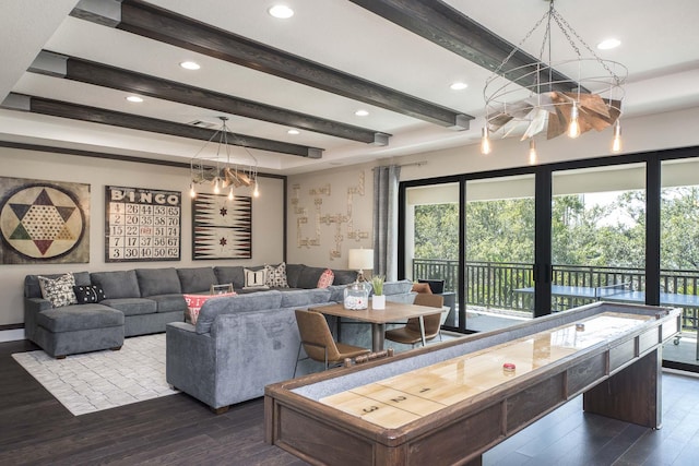 13405 Artisan Cir, Palm Beach Gardens, FL 33418 - living area with dark wood finished floors, a chandelier, beam ceiling, recessed lighting, and a tray ceiling