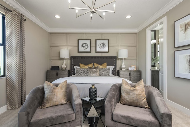 13405 Artisan Cir, Palm Beach Gardens, FL 33418 - bedroom with crown molding, light colored carpet, a chandelier, recessed lighting, and ensuite bath